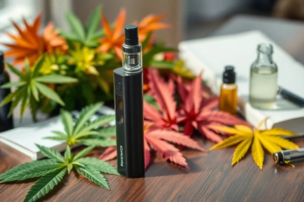 What is THC vape portrayed with a stylish vape on a wooden table, surrounded by cannabis leaves.