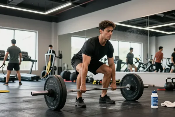 Athletic man deadlifting in gym, utilizing Deus Medical Steroids for performance.