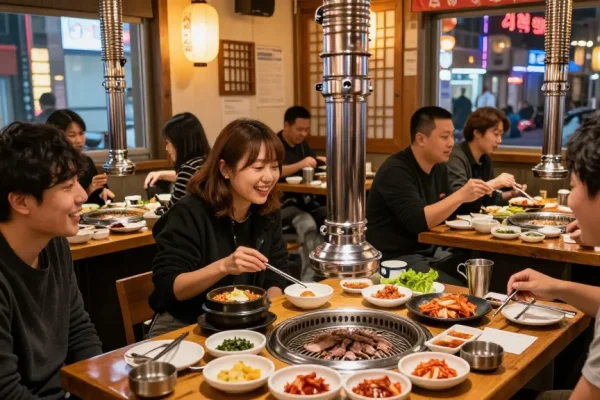 상봉동 한국관나이트 featuring guests enjoying traditional Korean cuisine in a lively restaurant atmosphere.
