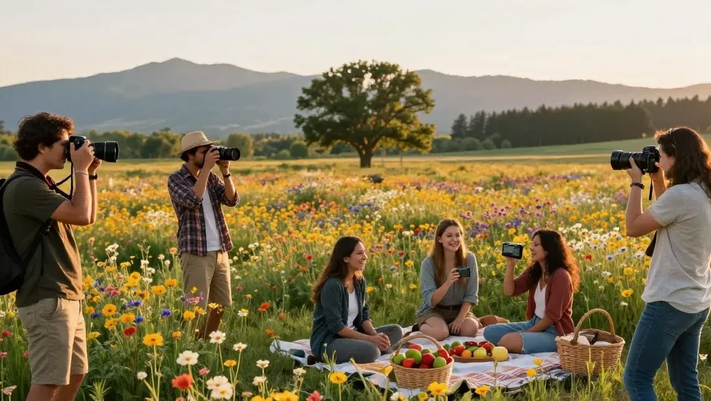 Travelers capturing beautiful moments in Capay Valley Garden Tour with vibrant flowers and scenic views.