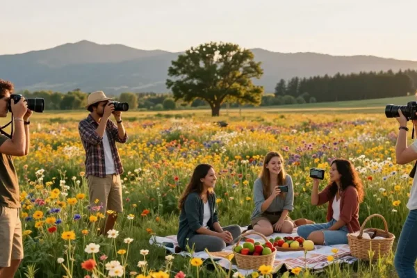 Travelers capturing beautiful moments in Capay Valley Garden Tour with vibrant flowers and scenic views.