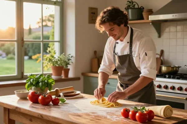 Authentic Italian food preparation scene with fresh ingredients and warm lighting.